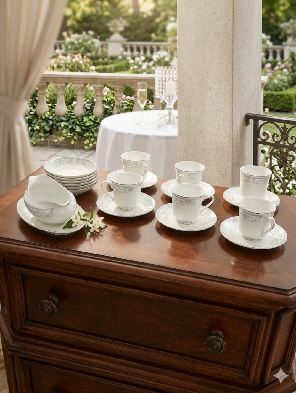Sheffield Blue Whisper Classic White Porcelain Tea Set with Silver Trim - 19 PCS
